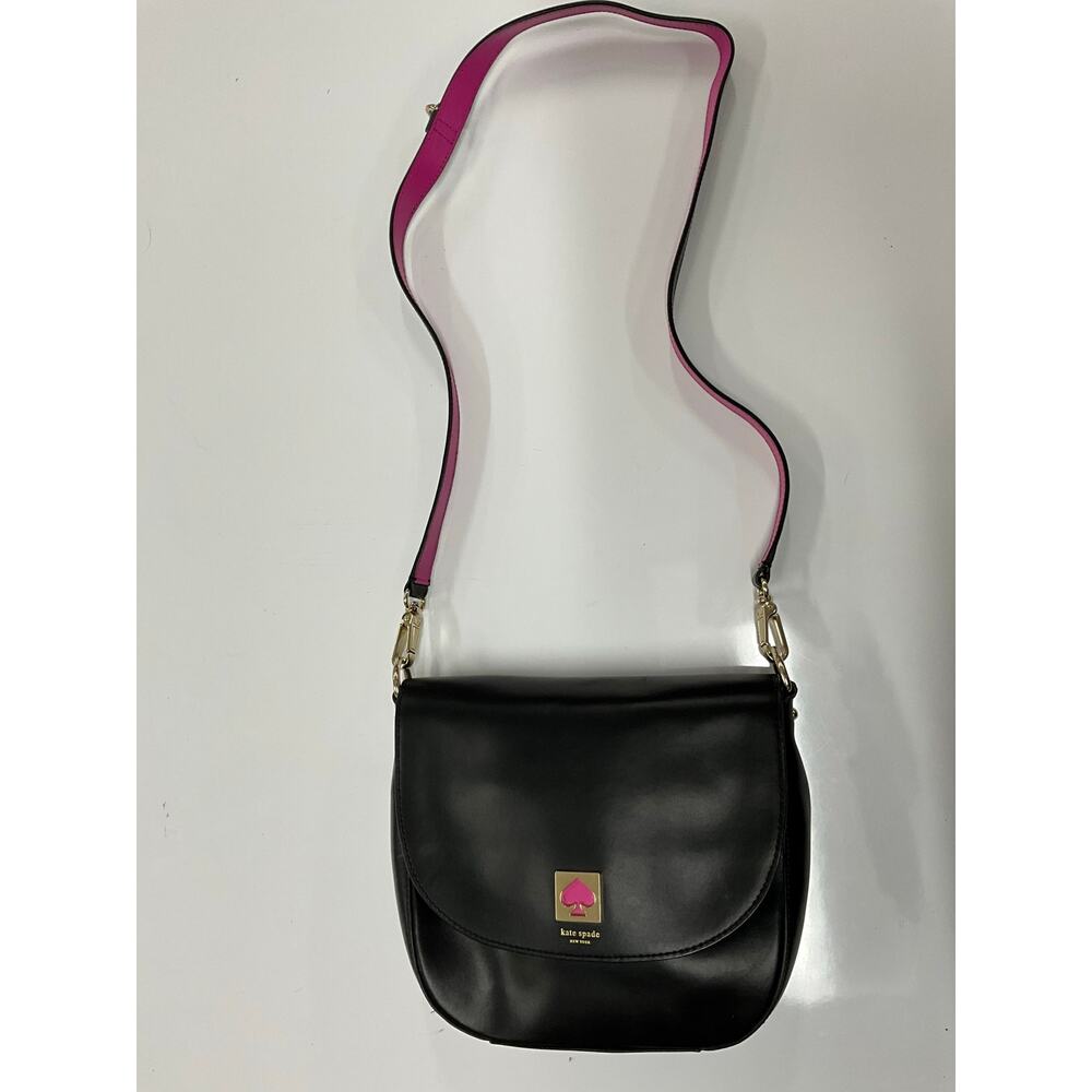 Kate Spade New York Crossbody Saddle Bag Purse Black and Pick Contrast Leather
